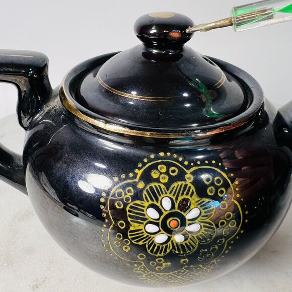 Vtg Japanese Black Ceramic Teapot & Redware Creamer Hand-Painted Floral Motifs - Picture 4 of 7